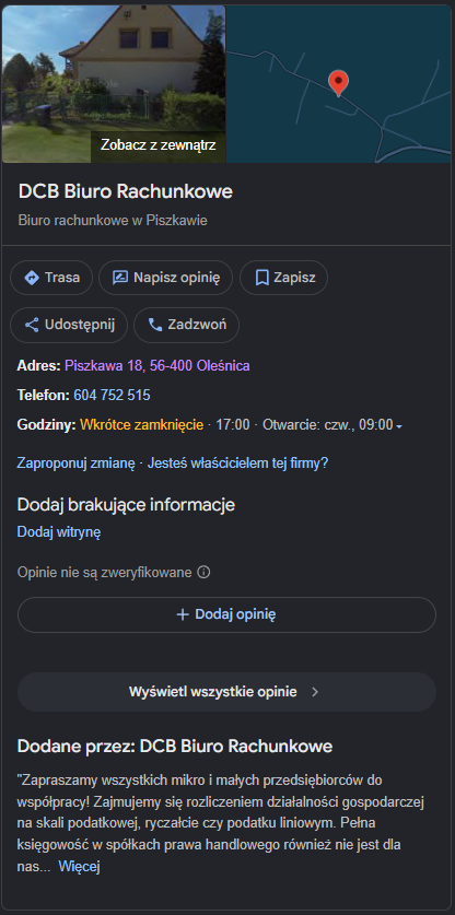 Obecna wizytówka Google DCB Biuro Rachunkowe — brak strony, brak zdjęć i usług